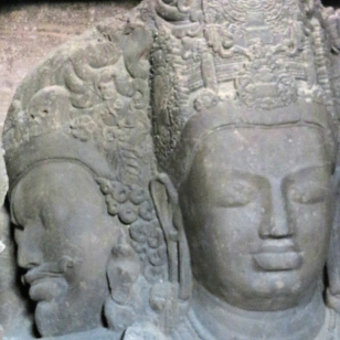 Carved faces from Elephanta Island.